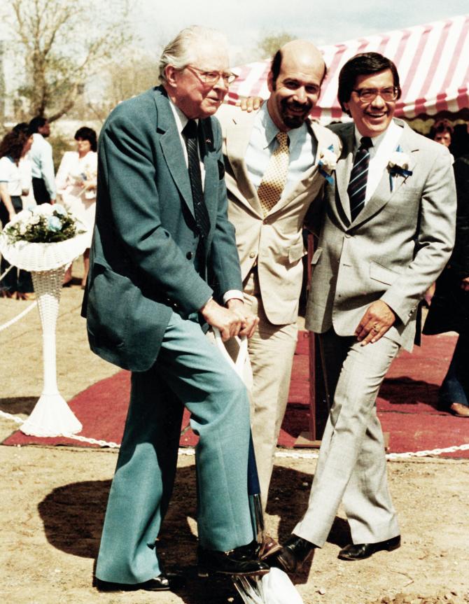 Mayor William McNichols, Dr. Allan Liebgott, and Rick Delgado at groundbreaking for the new Westside Family Health Center, early 1980s (Courtesy Rick Delgado)