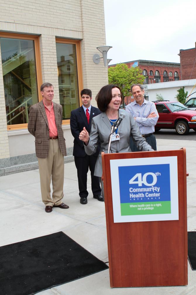 Margaret talks outside the new building