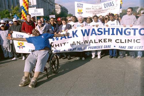 A photo from the 2004 AIDS Walk Washington. Front and center are Jim Graham, Congresswoman Eleanor Holmes Norton, Carol Schwartz and Pat Hawkins, left to right